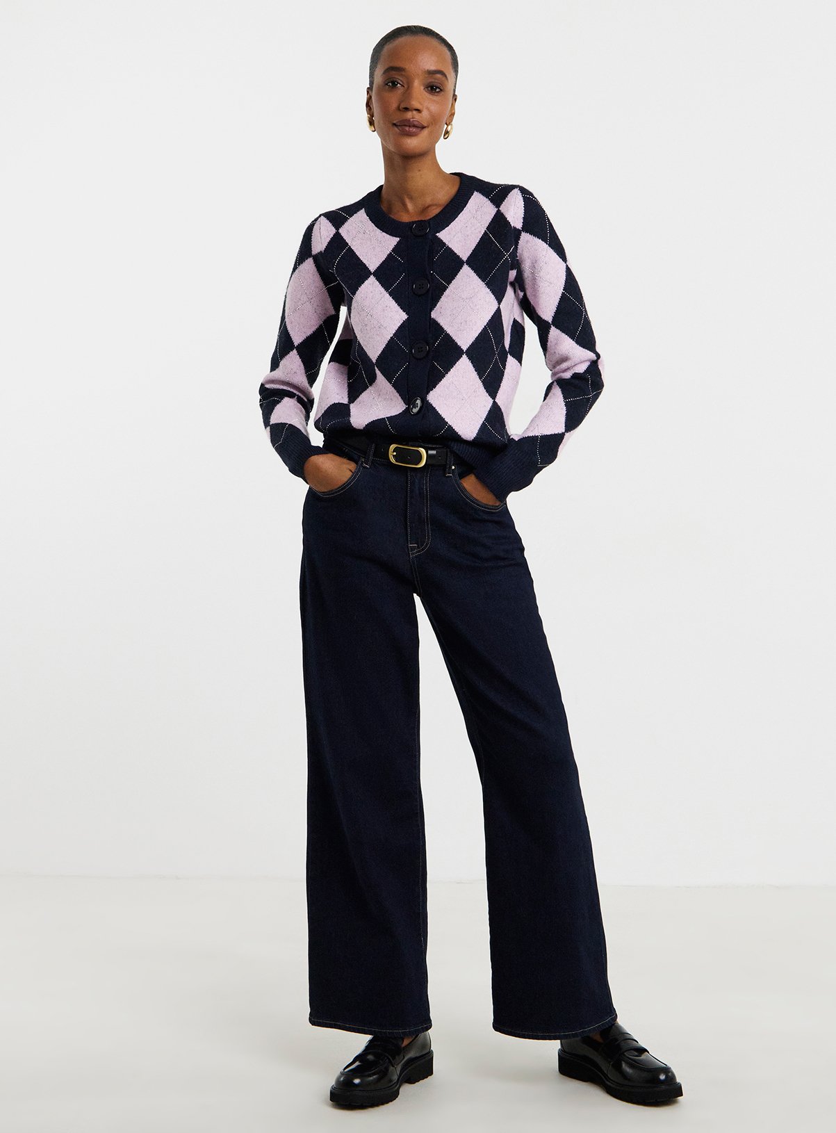 JD WILLIAMS Diamante Argyle Crew Neck Cardigan 12-14 - Image 3 thumbnail